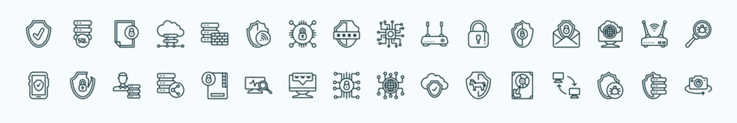 Poster - special lineal internet security icons set. outline icons such as antivirus, firewall, processor, gdpr shield, wireless router, internet attack, folder security, cyber security, trojan, malware,