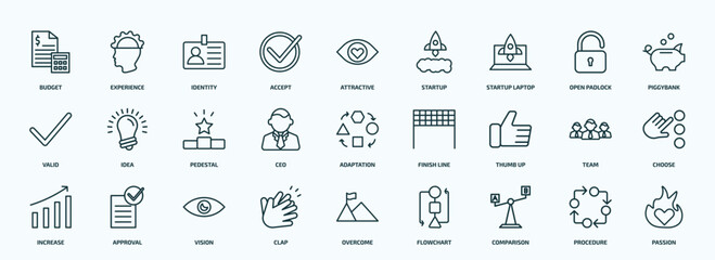 Poster - special lineal success icons set. outline icons such as budget, accept, startup laptop, valid, ceo, thumb up, increase, clap, comparison, procedure line icons.