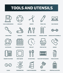 Aufkleber - set of 25 special lineal tools and utensils icons. outline icons such as fuel oil bomb service, highlight, hole puncher, tools and utensils, electric bell, print button, basic square, trash can