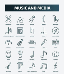  set of 25 special lineal music and media icons. outline icons such as drumsticks, music triangle, saxophone, natural, fermata, oboe, timpani, cymbals, thirty second note, beam line icons.