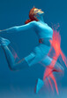 © Georgii - Girl jumps with her hands back. Long exposure effect. White sport suit on blue background.
