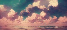 Hot Summer Day Beautiful Ocean Seascape With Calm Waves, Gorgeous Cumulus Watercolor Clouds And Distant Horizon. Soothing Relaxing Turquoise And Sea Foam Green Colors With A Touch Of Pink. 
