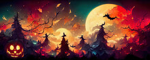 Scary Halloween Wallpaper With Dark Burning Forest At Night Under Two Full Moons