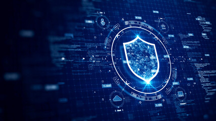 Leinwandbilder - cybersecurity data protection digital technology concept internet network connection. Icons and polygons are connected inside the prominent shield on the right. binary code on dark blue background.