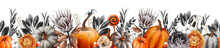 Halloween Seamless Border With Pumpkins, Black Flowers And Leaves, Bones Drawn By Hand. Watercolor Painting On White Background. Watercolor Hand Drawn Illustration For Poster, Packaging, Designs, Card