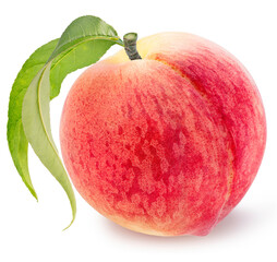 Wall Mural - yellow and pink peach fruit with leaf isolated on white background, fresh peach on white background 