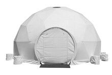 Space Base Spherical Tent, White Round Plastic Round Shaped Building On White Background..