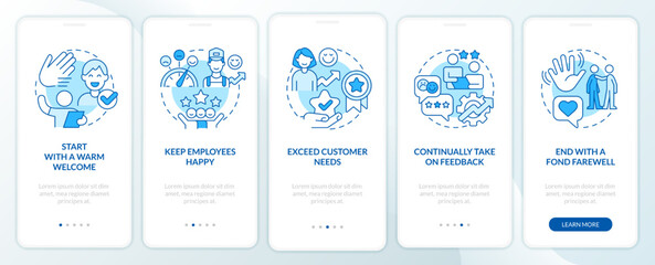 Wall Mural - Improving hotel customer service blue onboarding mobile app screen. Walkthrough 5 steps editable graphic instruction with linear concepts. UI, UX, GUI template. Myriad Pro-Bold, Regular fonts used