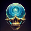 Cyberpunk, skeleton skull or skull with glass and fantasy effects, image to illustrate science fiction articles