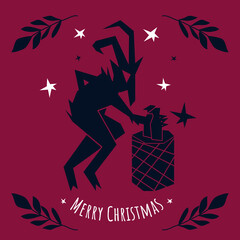 Wall Mural - Christmas vector illustration, postcard, poster, banner. The traditional Christmas devil. Folklore about Krampus, the horned devil. Punishes naughty children. Logo. New Year. Krampus Dad.