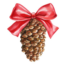 Pine Cone And Red Bow. Watercolor Illustration, Hand Drawn Clip Art Isolated On White Background