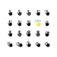 Sticker - Touch gestures black glyph icons set on white space. Touchscreen control. Smartphone navigation. Multi touch technology. Silhouette symbols. Solid pictogram pack. Vector isolated illustration