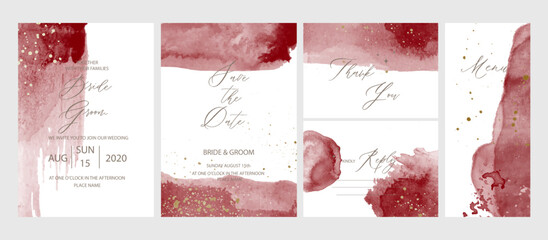 Wall Mural - Watercolor burgundy wedding invitation template with calligraphy.