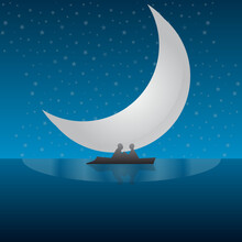 Couples Dating In Boat Trip In Romantic Night With Stars And Moon Sky Vector Illustration Background