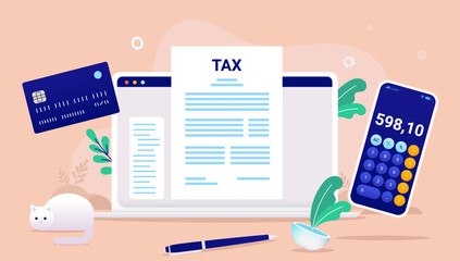 Aufkleber - Filing taxes - Computer with tax report on screen, calculator and payment bank card. Flat design vector illustration