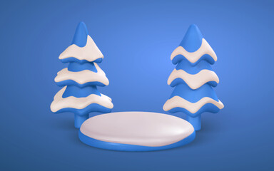 Wall Mural - 3d round scene with white snow and christmas tree. Xmas or New Year's banner or poster. Vector illustration