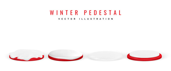 Wall Mural - 3d round Xmas pedestal with snow. Christmas poster. Vector illustration