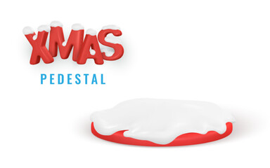 Wall Mural - 3d round Xmas pedestal with snow. Christmas poster. Vector illustration