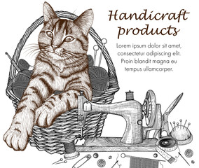 Wall Mural - Vector illustration of a cute cat needleworker in a basket with threads and a set for a hobby. Sewing machine, spool of thread, knitting needles, scissors, buttons, hairpin, needle, crochet hook