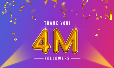 Wall Mural - Thank you 4 million followers, golden balloons lettering with confetti, social media follower celebration background
