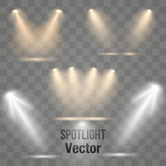 Set of golden spotlight isolated on transparent background. Glowing light effect with gold rays and beams. Scene floodlight spotlight stage beam.