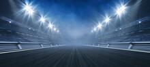 Empty Racing Track And Floodlights Illuminated Sport Stadium At Night. Professional Digital 3d Illustration Of Racing Sports.