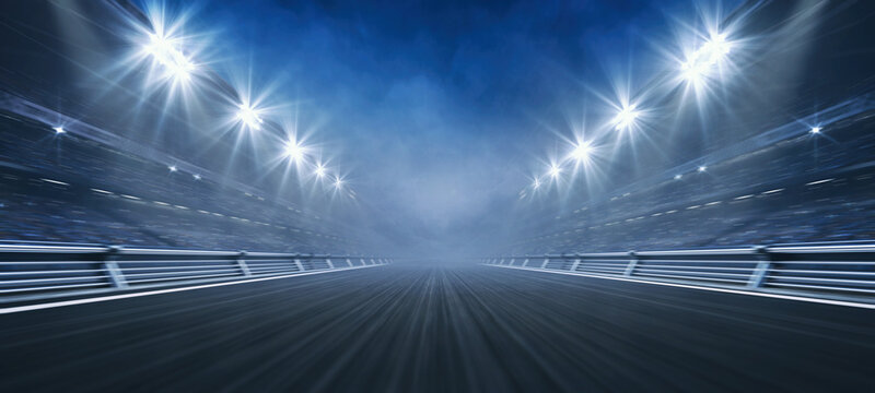 Wall Mural -  - Empty racing track and floodlights illuminated sport stadium at night. Professional digital 3d illustration of racing sports.