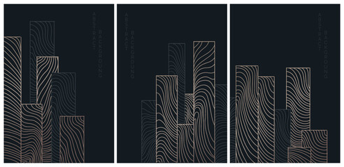 vector abstract japanese style landscapes lined waves in black and gold colours	