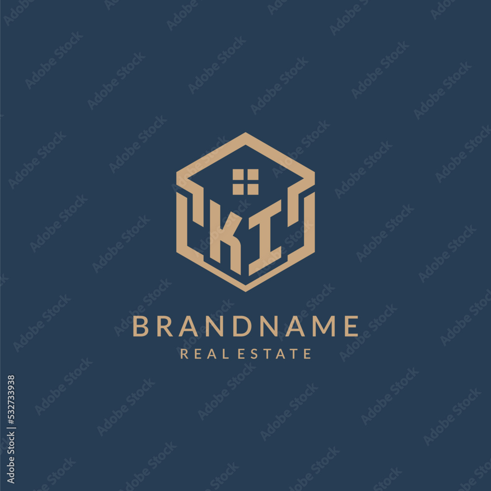 Initial letter KI hexagonal house roof shape icon logo design Stock ...
