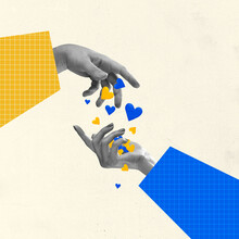 Blue And Yellow Hearts. Human Hands Aesthetic On Light Background, Artwork. Concept Of Human Relation, Community, Love, Care