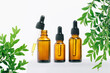 Natural medicine or aroma oil or beauty essence concept mockup three vials with dropper with droplet on glass stand with green plant and white background. Face and body spa serum care fresh concept