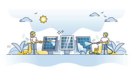 Solar panel cleaning for effective sunlight collector cells outline concept. Clean and shiny after professional maintenance and washing from dust vector illustration. Performance improvement service.