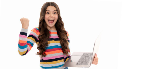 Wall Mural - pass the exam. back to school. modern communication. check email. happy child study online. School girl portrait with laptop, horizontal poster. Banner header with copy space.