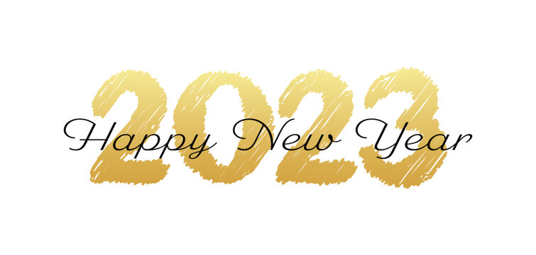 Number 2023 hand lettering. Happy New Year script text gold color. Dry brush texture effect. Vector Illustration.