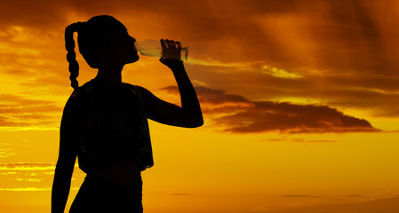 Poster - Shadow, sunset and silhouette woman drinking water for marathon running, fitness exercise and hiking workout on outdoor orange sky. Healthy, thirsty and sports athlete drink bottle for wellness rest