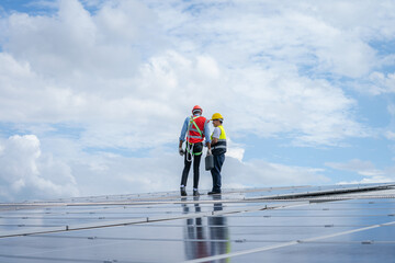 Aufkleber - Engineer team working on replacement solar panel in solar power plant,Ecological,Using natural renewable energy.