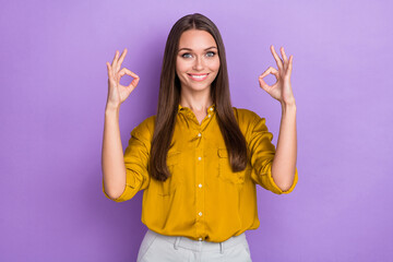 Wall Mural - Photo of positive charming person hands fingers demonstrate okey symbol isolated on violet color background