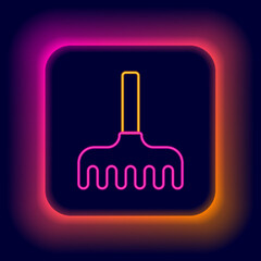 Sticker - Glowing neon line Garden rake icon isolated on black background. Tool for horticulture, agriculture, farming. Ground cultivator. Colorful outline concept. Vector