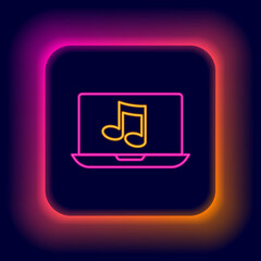 Poster - Glowing neon line Laptop with music note symbol on screen icon isolated on black background. Colorful outline concept. Vector