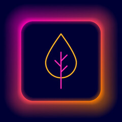 Poster - Glowing neon line Leaf Eco symbol icon isolated on black background. Banner, label, tag, logo, sticker for eco green. Colorful outline concept. Vector