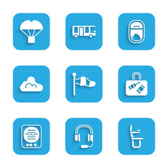 Sticker - Set Cone meteorology windsock, Headphones with microphone, Airplane seat, Suitcase, Attitude indicator, Cloud weather, window and Box flying parachute icon. Vector