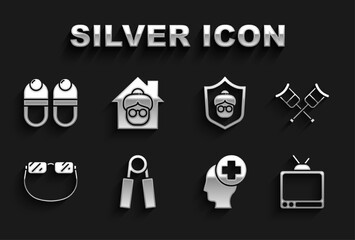 Sticker - Set Sport expander, Crutch crutches, Retro tv, Male head with hospital, Eyeglasses, Grandmother, Slippers and Nursing home icon. Vector