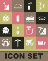 Poster - Set Flashlight, Pickaxe, Safety goggle glasses, Dynamite, Gem stone, Bucket wheel excavator, Shovel and and Gold mine icon. Vector