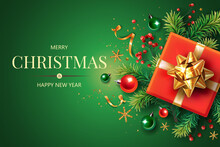 Horizontal Banner With Gold And Red Christmas Symbols And Text. Christmas Tree, Gifts, Golden Tinsel Confetti And Snowflakes On Green Background. Header For Website Template.