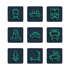 Wall Mural - Set line Rocket ship with fire, Scooter, Tractor, Bus, Taxi car, Cargo, Train and railway and icon. Vector