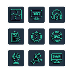 Poster - Set line Location with clock, Settings in the hand, Computer monitor FAQ, Headphones, Question mark, Checklist 24 hours service, Piece of puzzle and Label text icon. Vector
