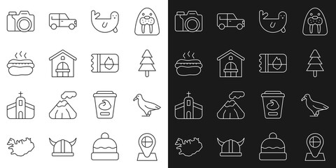 Sticker - Set line Location flag Iceland, Albatross, Tree, Fur seal animal, Farm house, Hotdog sandwich, Photo camera and Ticket in icon. Vector