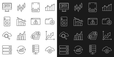 Poster - set line cloud computing lock, financial growth, folder and, server, decrease, calculator, data anal
