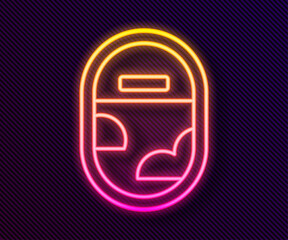 Sticker - Glowing neon line Airplane window icon isolated on black background. Aircraft porthole. Vector