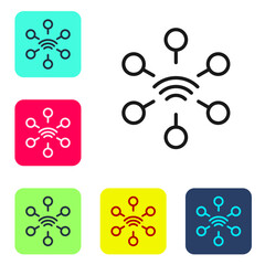 Black line Network icon isolated on white background. Global network connection. Global technology or social network. Connecting dots and lines. Set icons in color square buttons. Vector